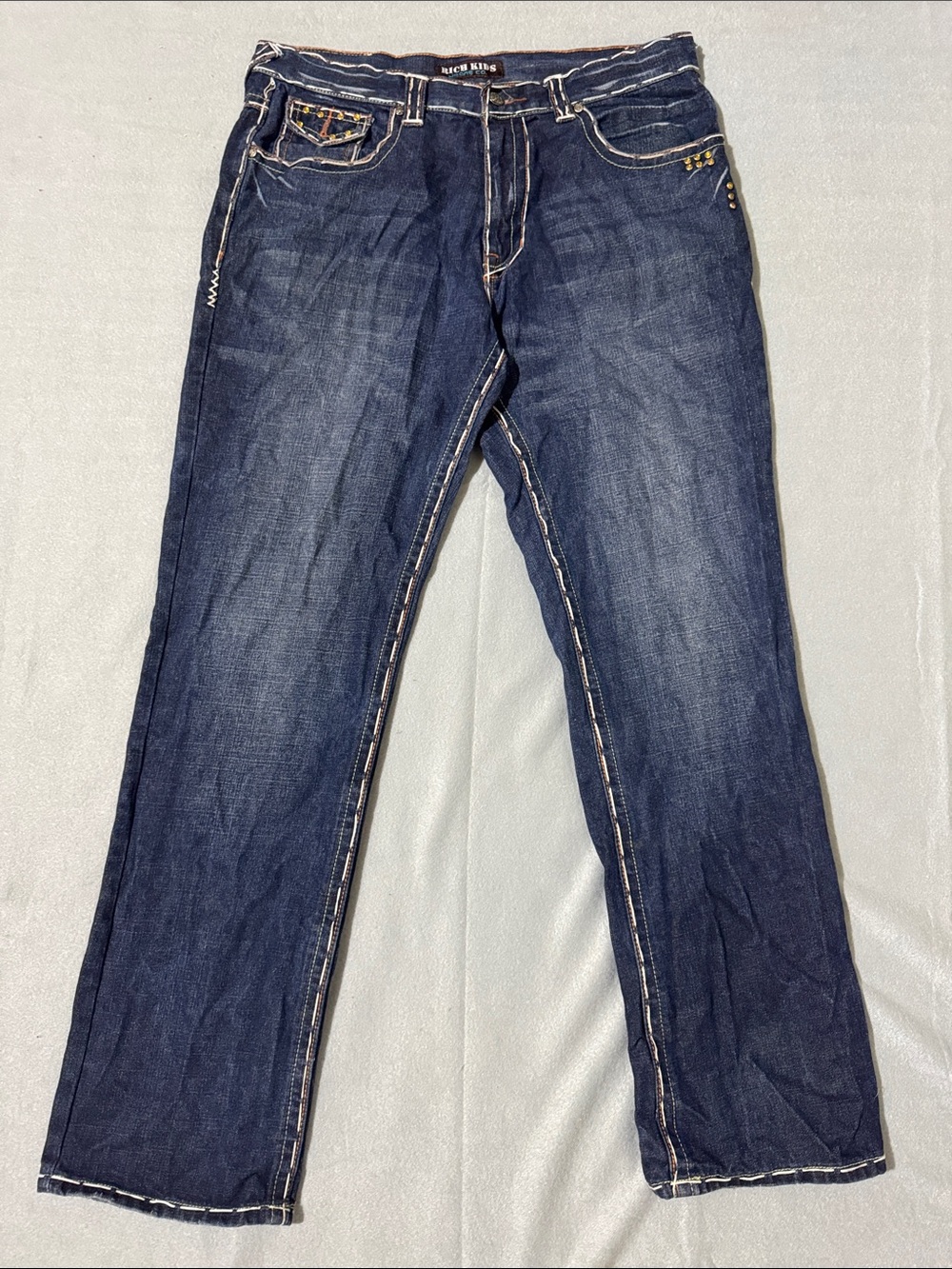 Y2K Rich Kids Jeans Co. Men’s Straight Dark Blue Embroidered Jeans 38 Denim